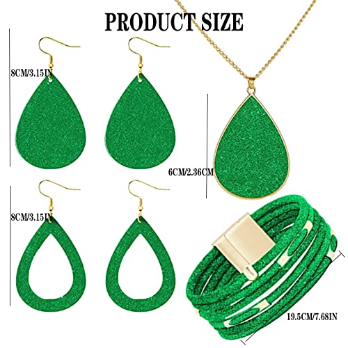 4 Pieces Faux Leather Earrings Necklace Bracelet Set 4 Pieces Christmas Plaid Stripe Jewelry Set Multi-Layer Leather Bracelet, Dangle Leather Earrings Necklace Glitter Jewelry Set for Women - color: green