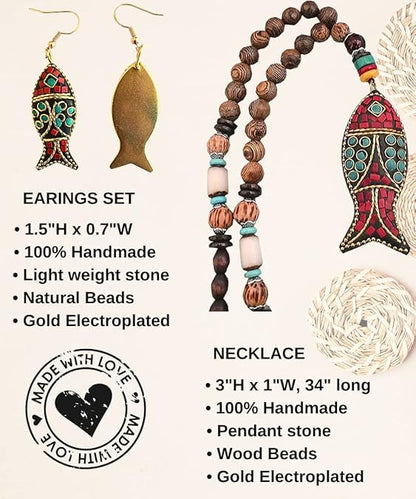 Bohemian Beaded Necklace for Women Long Boho Pendant Wood Mala Beads Wooden Strand Tassel Stone Bohemian Necklaces for Women Jewelry - style: Good Luck Fish