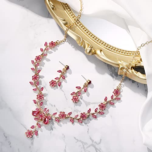 Women's Wedding Jewelry Set for Bride,Prom Bridal Accessories | Bling Crystal,Flower Leaf Cluster,Dangle Earrings Pendant Necklace Set,for Bridesmaid,Party Jewellery - color: 09-Pink Gold-Plated-Base