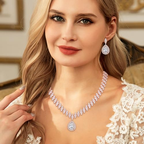 EVER FAITH CZ Marquise Leaf Teardrop Wedding Prom Jewelry Set for Women | Birthstone Pendant Necklace Dangle Earrings - color: Clear Rose Gold