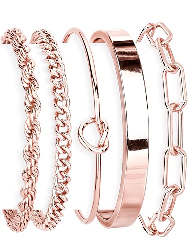 Gokeey Sterling Silver Cuff Bangle Bracelet Set for Women Waterproof, Non Tarnish S925 Silver Chunky Cuban Link Chain Heart Love Infinity Tie Knot Paperclip Beaded Twist Rope Silver Bracelets Fashion Jewelry Gifts Set - color: Rose Gold-Stackable Bangles