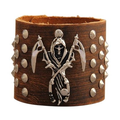 JAOYU Punk Leather Cuff Bracelet Goth Leather Wristband Rock Bracelet Biker Bracelet for Men Leather Armband Black Handmade Jewelry - color: Death Skull Bracelet Brown