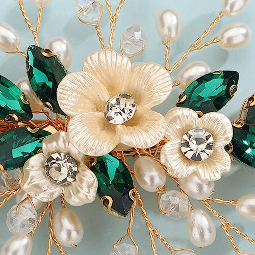Xerling Green Rhinestones Crystal Flower Hair Barrettes Clip Boho Bridal Pearl Hair Jewelry Accessories for Women Wedding Floral Headpieces (Green) - color: Green