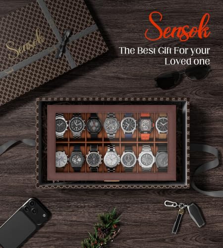 Watch Case Box for Men – 14 Slots Watch Display Organizer with 6-Compartment Eyeglasses Storage, Real Glass Lid 2-Layer PU Leather Collection Holder Gift for Loved Ones Brown - size: 14 Slots, Brown
