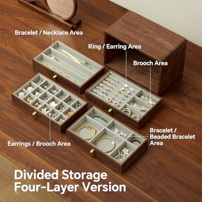 Wooden Jewelry Box for Women Men, Large | Velvet Lined Organizer, 4 Drawers, Solid Black Walnut Brass Handles, For Rings, Necklaces, Earrings - size: 4 drawers
