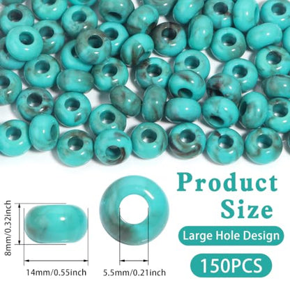 150PCS 14x8mm Turquoise Brown Veined Acrylic European Large Hole Rondelle Spacer Beads with Storage Box, Loose Beads for Bracelet Necklace Earring Hair DIY Jewelry Making - color: Turquoise Brown Veined