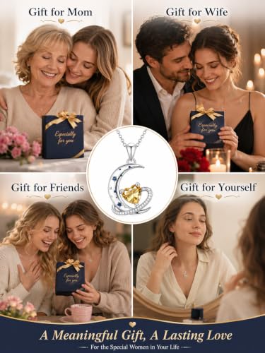 Birthstone Necklace for Women White Gold Moon and Star Pendant Moon Jewelry Anniversary Birthday Gifts for Mom Wife Her - color: 11. November - Citrine