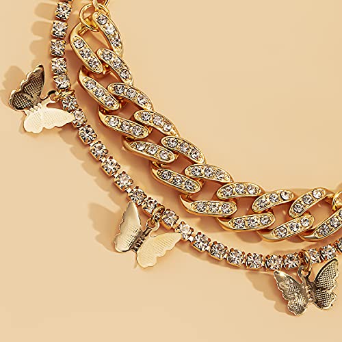 Layered Butterfly Anklet for Women Charms Butterfly Gold Plate Silver Plate Rhinestone Cuban Anklets Adjustable Anklet for Summer Beach - color: Gold plate