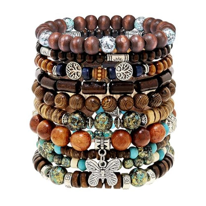 10 Pcs Stackable Bohemian Beaded Bracelets for Women Men, Nature Tree Butterfly Turquoise Wooden Beads Stretch Boho Bracelets Handmade Boho Hippie Western Chic Earthy Jewelry Gift - color: Brown Bamboo Joint