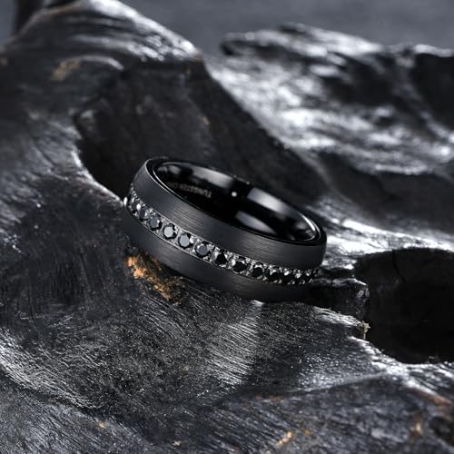 King Will Mens Tungsten Wedding Band with Cubic Zircon Inlay 7mm/8mm Flat Cut Comfort Fit Engagement Rings - color: A-Black Domed-8mm