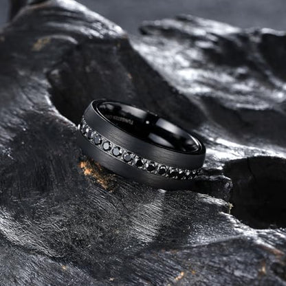 King Will Mens Tungsten Wedding Band with Cubic Zircon Inlay 7mm/8mm Flat Cut Comfort Fit Engagement Rings - color: A-Black Domed-8mm