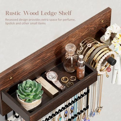 Lolalet Wall Mounted Hanging Jewelry Organizer, 15 Hooks Wooden Necklaces Holder with Storage Shelf, Easy Install Earrings Bracelets Hanger -Brown - color: Brown