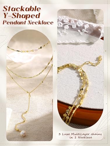 Trendy Long Lariat Necklaces for Women, Drop Cross Rosary Chain Necklace | Dainty Stackable Layered Y-Shaped Pendant Necklace Jewelry Set with Zircon and Pearl, 16K Gold Plated, Silver