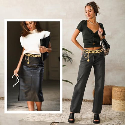 Women's Chain Belt Metal Waist Belt Gold Chain Belts Chunky Belly Link Belts Adjustable Women Long BeltsMultilayer Fashion Belly Jewelry for Women Girls Christmas Dresses Jeans Trousers