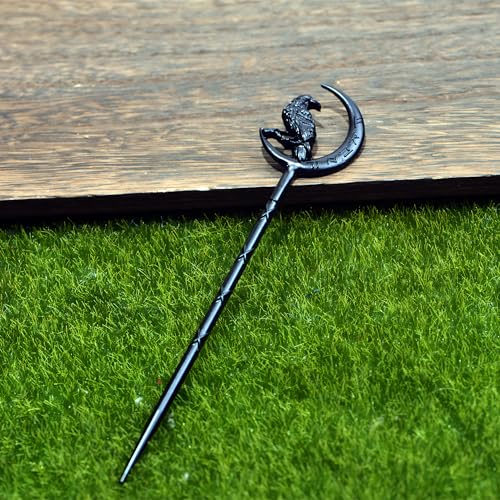 2PCS Viking Raven Hair Sticks – Moon Hair Pins for Women | Black Viking Hair Accessories with Raven Moon Design for Long Hair, Buns, Updos, Renaissance Festival, Halloween & Cosplay
