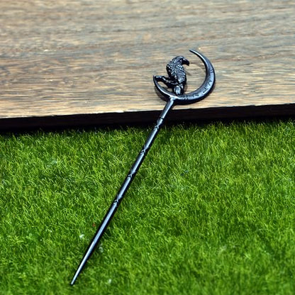 2PCS Viking Raven Hair Sticks – Moon Hair Pins for Women | Black Viking Hair Accessories with Raven Moon Design for Long Hair, Buns, Updos, Renaissance Festival, Halloween & Cosplay