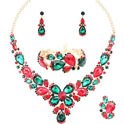 Women's Wedding Bridal Austrian Crystal Glass Teardrop Statement Necklace Dangle Earrings Bracelet Ring Wedding Party Jewelry Set for Bridal Bridesmaid - color: Multicolor-Gold Plated