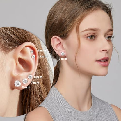 Jiamiaoi Stud Earrings Screw Back Sterling Silver Cubic Zirconia Stud Earrings Set 4 Millimeters-8 Millimeters Nickle Free Hypoallergenic Earring Studs - color: A-Round Cut White, size: 7mm