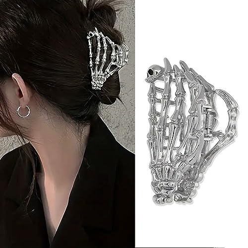Metal Skull Hand Hair Clip, 1 piece, Silver, Punk-inspired Art, Skull Embellishment, Metal, Halloween, Hair Securing, Claw Hair Clip for Women's Hairstyle - color: Silver