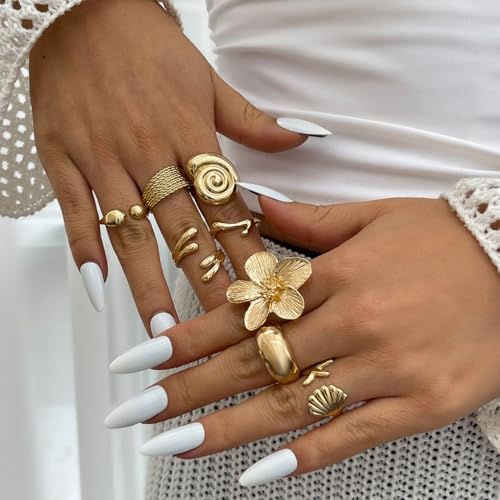 GIGB PBDK Chunky Gold Flower Open Knuckle Ring Set for Women,Dainty Seashell Starfish Statement Midi Finger Ring,Trendy Holiday Jewelry Accessories Gifts