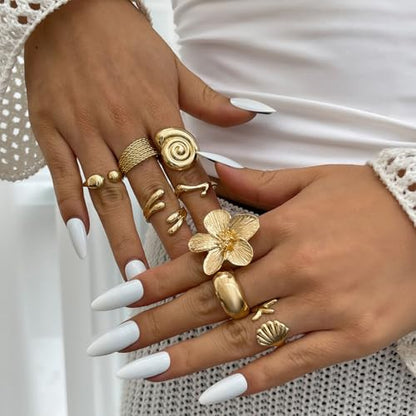 GIGB PBDK Chunky Gold Flower Open Knuckle Ring Set for Women,Dainty Seashell Starfish Statement Midi Finger Ring,Trendy Holiday Jewelry Accessories Gifts