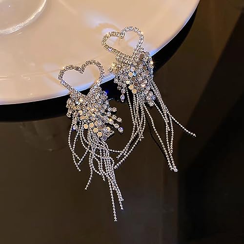 Luxval Rhinestone Earrings Dangling for Women Sparkly Silver Dangle Earrings Girls Long Chandelier Earrings Tassel Lightweight Ear Studs Cubic Zirconia Crystal Statement - color: Silver-Heart Tassel Crystal