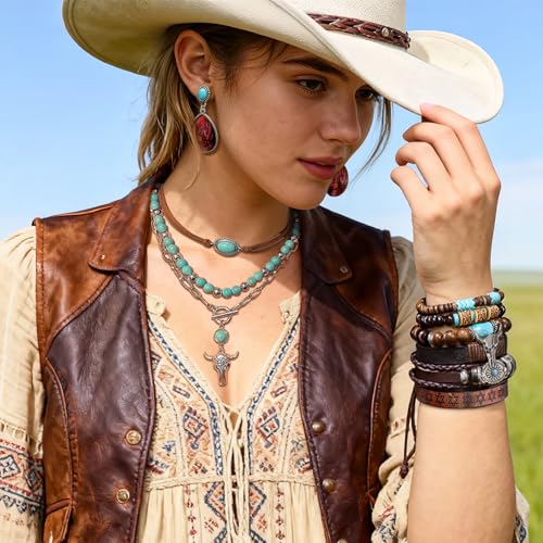 RechicGu Western Jewelry For Women Bohemian Turquoise Dangle Earrings Necklace Bracelet Set, Bullhead Pendant Layered Choker Boho Faux Leather Wristband Country Concert Cowgirl Accessories - color: Jewelry Set D