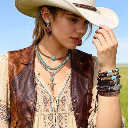 RechicGu Western Jewelry For Women Bohemian Turquoise Dangle Earrings Necklace Bracelet Set, Bullhead Pendant Layered Choker Boho Faux Leather Wristband Country Concert Cowgirl Accessories - color: Jewelry Set D