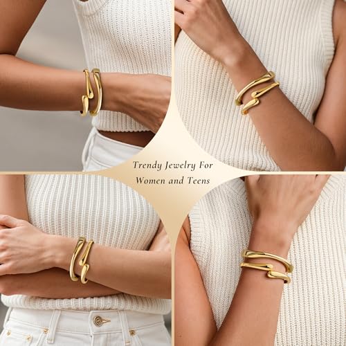 Gold Bangle Bracelets for Women Cuff Stackable Waterproof Non Tarnish Bracelet Stack Silver Plated 14k Chunky Bangles Jewelry Set for Woman - style: Style 15