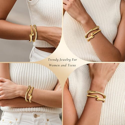 Gold Bangle Bracelets for Women Cuff Stackable Waterproof Non Tarnish Bracelet Stack Silver Plated 14k Chunky Bangles Jewelry Set for Woman - style: Style 15