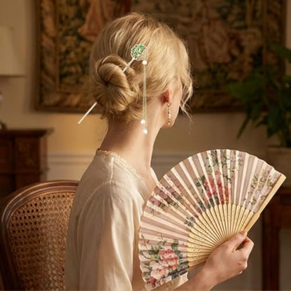 6PCS Chinese Hair Sticks Set, Gold White Japanese Hair Stick with Pearl Flower Bamboo Leaves Design Metal Hair Chopsticks Hair Bun Updo Holders Long Thick Hair Accessories for Women - color: 6pcs Green
