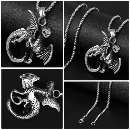 Stainless Steel Gothic Y2K Punk Rock Emo Biker Pendant Necklace | Cosplay Vintage Viking Alt Edgy Fashion Charm Necklace Jewelry for Men Women Active Daily Wear - style: Vintage Flying Dragon