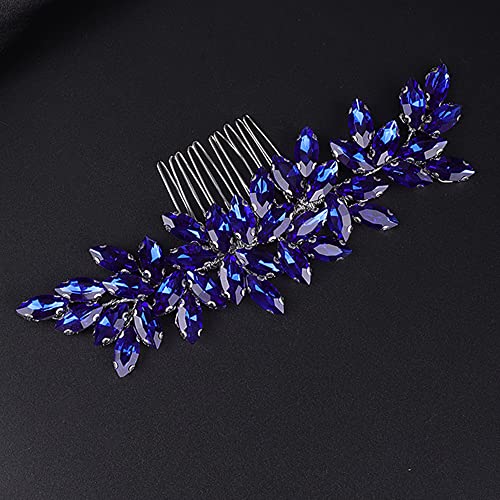 Teyglen Women Dainty Simple Blue Rhinestones Bridal Hair Comb Luxurious Shiny Hair Accessory for Bride and Girls - color: Blue