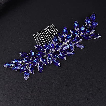 Teyglen Women Dainty Simple Blue Rhinestones Bridal Hair Comb Luxurious Shiny Hair Accessory for Bride and Girls - color: Blue