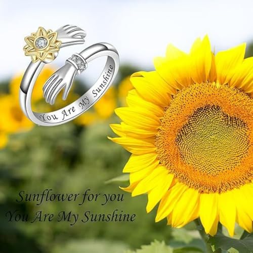 Granddaughter Daughter Hug Ring For Hope Rings, Stainless Steel Inspirational Jewelry Engraved Always With You Love You Forever Message Adjustable Non Tarnish Jewelry Birthday Gift Card - color: Always With You Sunflower