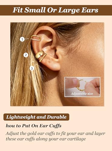 Ear Cuffs Non Piercing Hypoallergenic Gold Plated Ear Cuff Earrings for Women Trendy Clip On Cartilage Earring Set Dainty Adjustable Fake Piercings Earrings Fashion Accessories - color: E；3pcs gold ear cuff