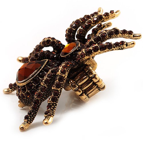 Avalaya Oversized Amber Coloured Crystal Spider Stretch Cocktail Ring (Antique Gold Tone)