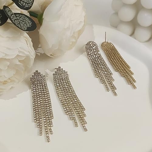 Luxval Rhinestone Earrings Dangling for Women Sparkly Silver Dangle Earrings Girls Long Chandelier Earrings Tassel Lightweight Ear Studs Cubic Zirconia Crystal Statement - color: Gold-2Pairs Tassel Sets