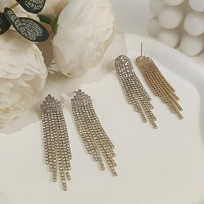 Luxval Rhinestone Earrings Dangling for Women Sparkly Silver Dangle Earrings Girls Long Chandelier Earrings Tassel Lightweight Ear Studs Cubic Zirconia Crystal Statement - color: Gold-2Pairs Tassel Sets