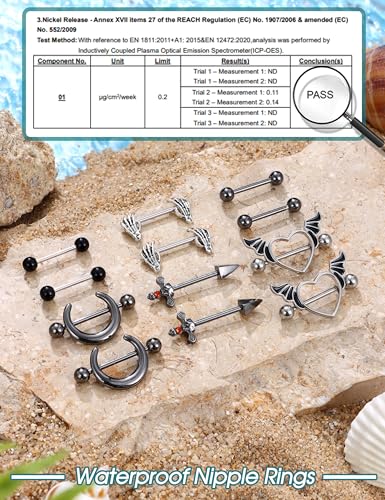 JOERICA 6 Pairs 14G Nipple Rings for Women 316L Stainless Steel Heart Butterfly Moon CZ Flower Barbell Nipple Rings Set Cute Nipplerings Piercing Jewelry - color: Black Tone
