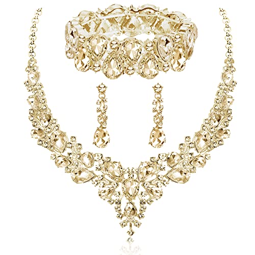 Rhinestone Bridal Jewelry Sets for Women Crystal Necklace Earrings Bracelet Set Silver-Tone Wedding Bridal Bridesmaid Gifts fit with Wedding Dress - color: C:3pcs-Champagne Tone Necklace + Earrings + Bracelet set