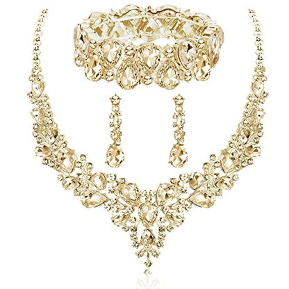 Rhinestone Bridal Jewelry Sets for Women Crystal Necklace Earrings Bracelet Set Silver-Tone Wedding Bridal Bridesmaid Gifts fit with Wedding Dress - color: C:3pcs-Champagne Tone Necklace + Earrings + Bracelet set