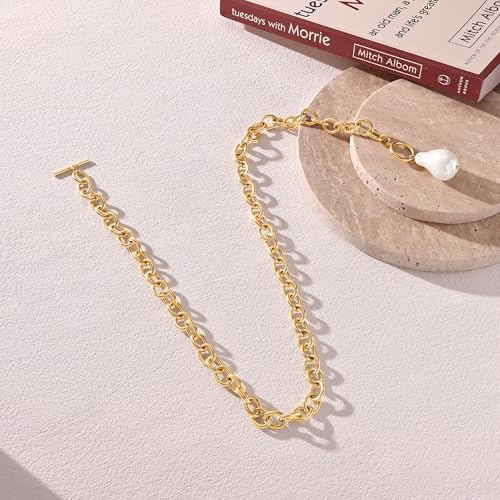CHESKY 14K Gold Plated Chunky Necklace for Women, Trendy Toggle Clasp | Statement Pendant Necklace, Layered Paperclip Chain, Toggle Clasp Design, Thick Gold Chain, Non Tarnish Everyday Jewelry - color: gold, style: pearl pendant