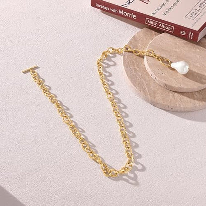 CHESKY 14K Gold Plated Chunky Necklace for Women, Trendy Toggle Clasp | Statement Pendant Necklace, Layered Paperclip Chain, Toggle Clasp Design, Thick Gold Chain, Non Tarnish Everyday Jewelry - color: gold, style: pearl pendant
