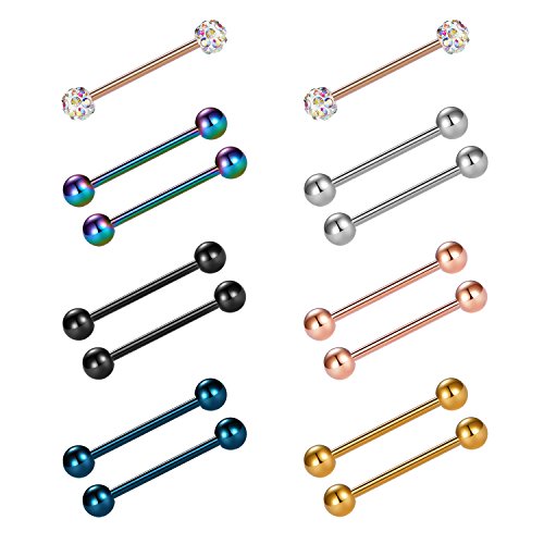 VCMART 12mm-18mm 14G Tongue Rings Nipple Straight Barbells Surgical Steel Body Piercing Jewelry - style: Style B -14pcs