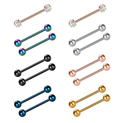 VCMART 12mm-18mm 14G Tongue Rings Nipple Straight Barbells Surgical Steel Body Piercing Jewelry - style: Style B -14pcs