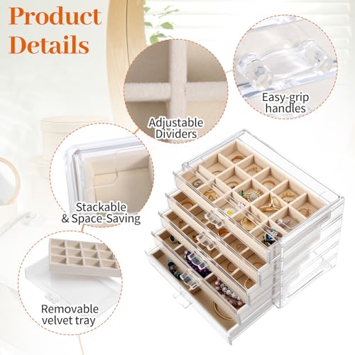 Acrylic Jewelry Box with 5 Drawers, Clear Case with Beige Velvet Lining, 9.25" x 5.31" x 6.7" Earring Organizer with Adjustable Dividers, Stackable Storage Display for Rings Necklaces Bracelets