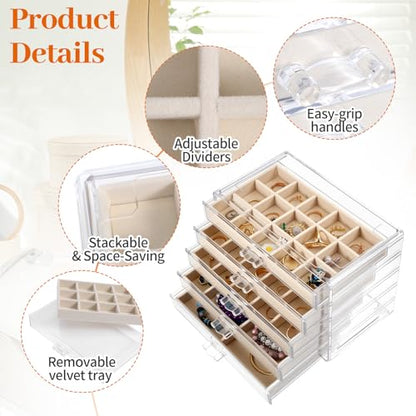 Acrylic Jewelry Box with 5 Drawers, Clear Case with Beige Velvet Lining, 9.25" x 5.31" x 6.7" Earring Organizer with Adjustable Dividers, Stackable Storage Display for Rings Necklaces Bracelets