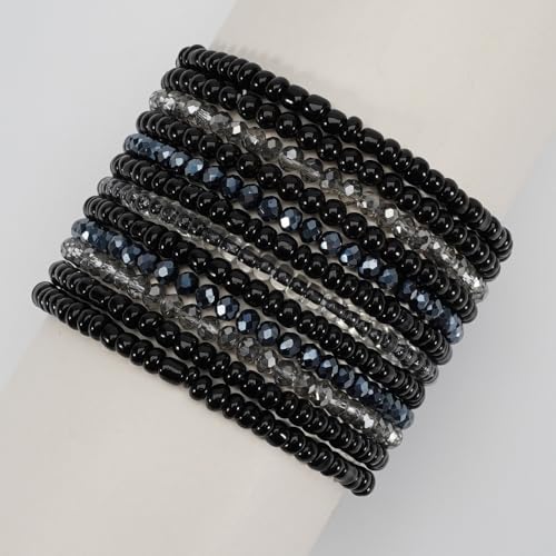 Caiyao 12Pcs Bohemia Multilayer Resin Seed Beaded Stackable Bracelets Colorful Crystal Glass Beads Stretch Bracelet BFF Friendship Elastic Wristbands for Women Men Summer Beach Boho Vacation Jewelry - color: Black