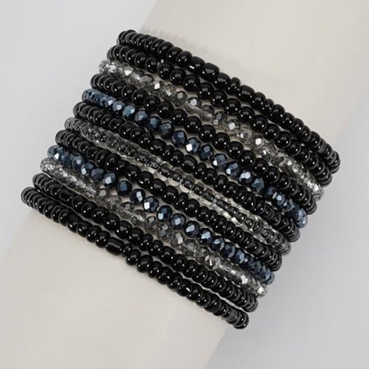12Pcs Bohemia Multilayer Resin Seed Beaded Stackable Bracelets Colorful Crystal Glass Beads Stretch Bracelet BFF Friendship Elastic Wristbands for Women Men Summer Beach Boho Vacation Jewelry - color: Black